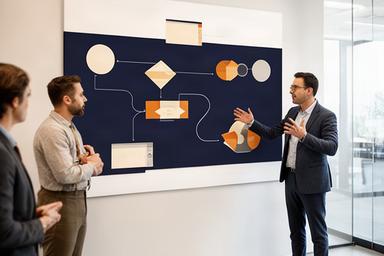 Consultant die een operationeel proces bespreekt op een kantoorwand